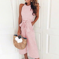 Striped women's jumpsuit with wrap neckline – Vivienne-Pink-S-State of Style