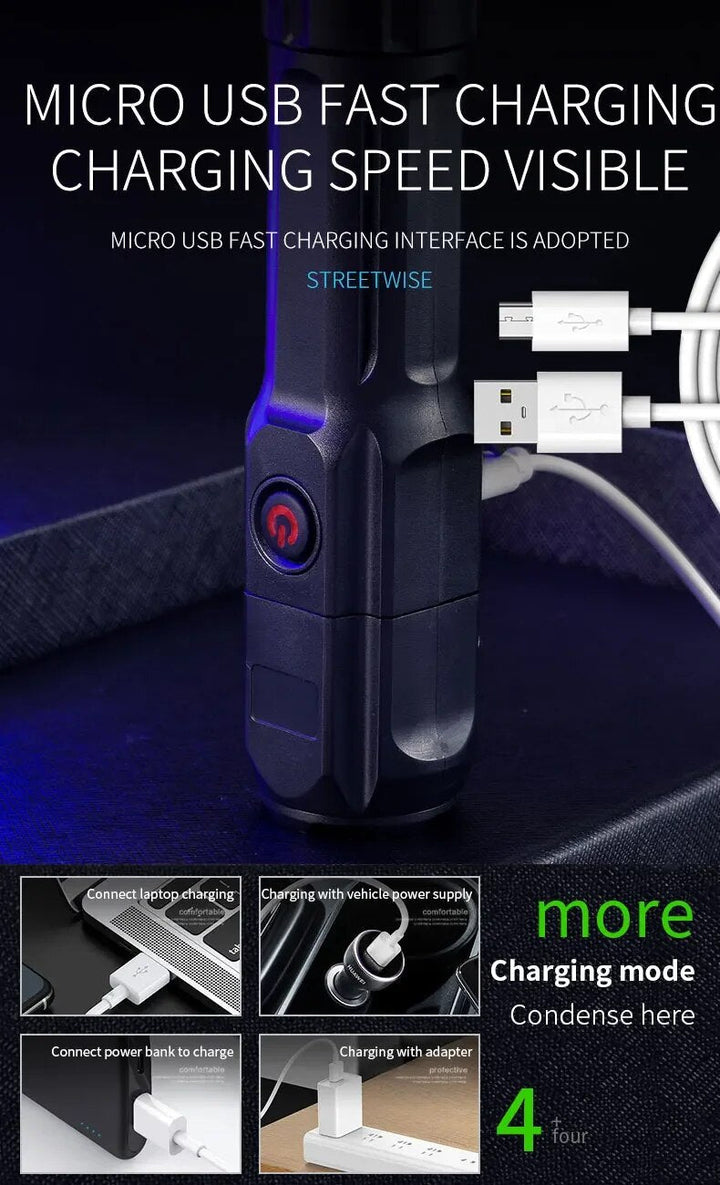STRONG LED TORCH WITH ZOOM - USB RECHARGEABLE CAMPING TORCH-State of Style