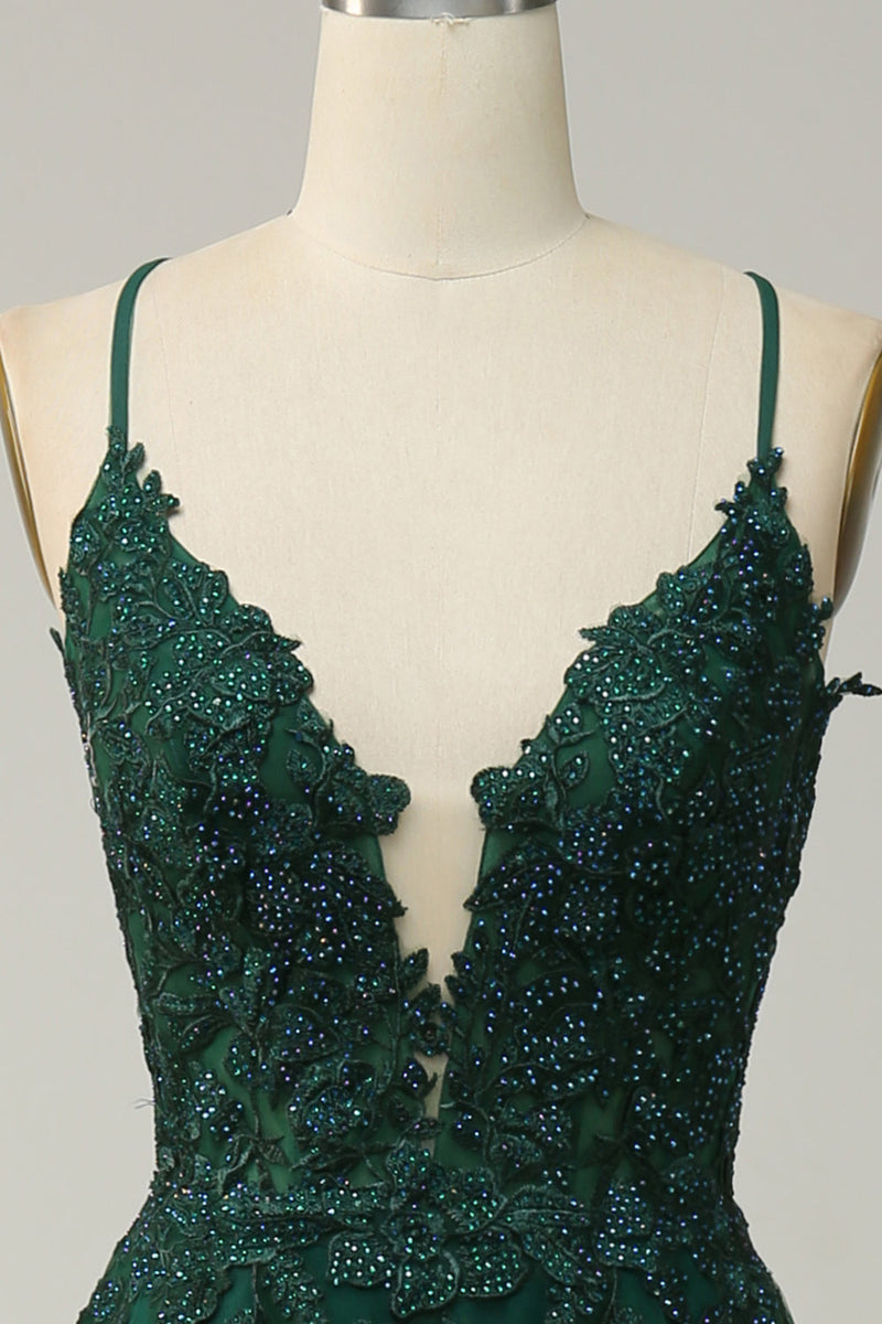 Stylish A-line Evening Dress with Spaghetti Straps and Lace-up Closure - Julia-Dark Green-AU 4-State of Style