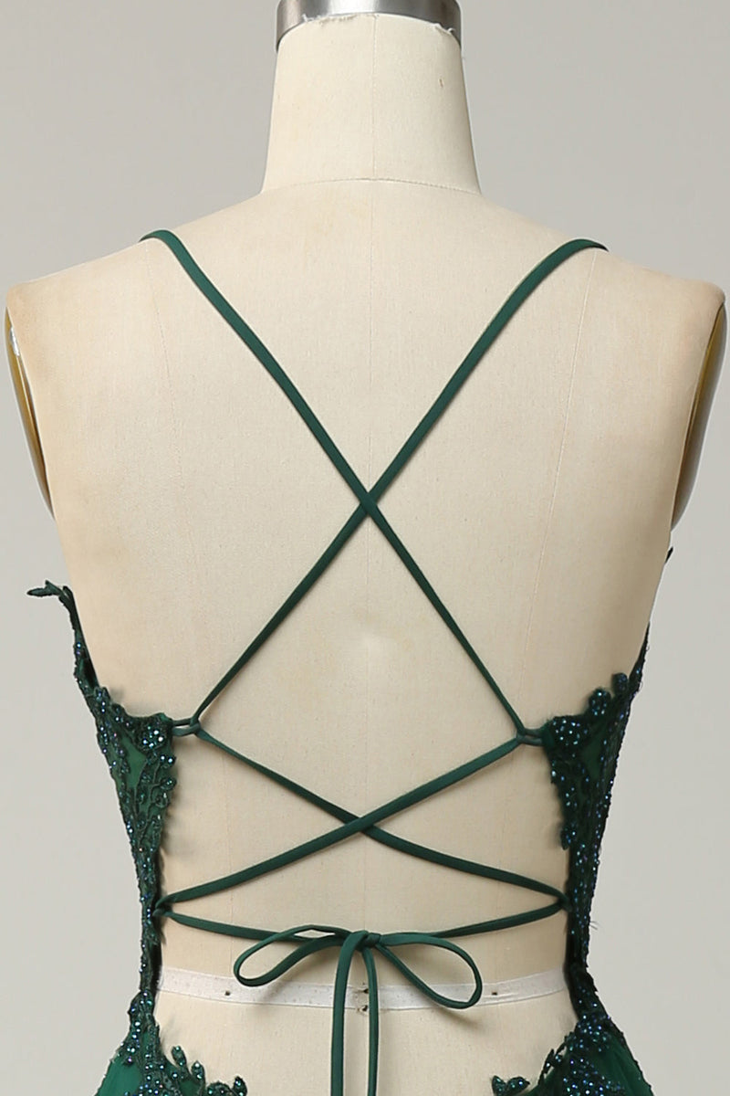 Stylish A-line Evening Dress with Spaghetti Straps and Lace-up Closure - Julia-Dark Green-AU 4-State of Style