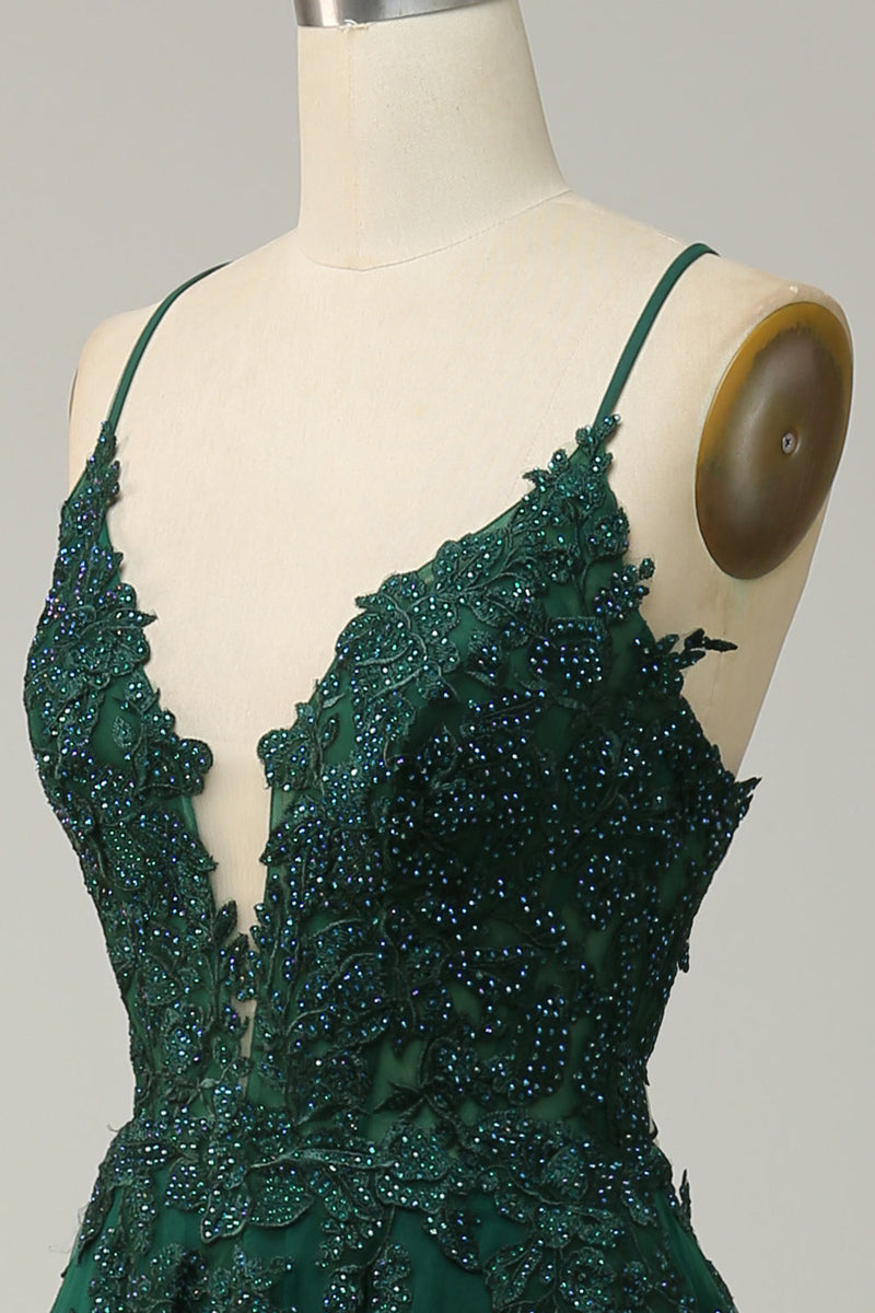 Stylish A-line Evening Dress with Spaghetti Straps and Lace-up Closure - Julia-Dark Green-AU 4-State of Style