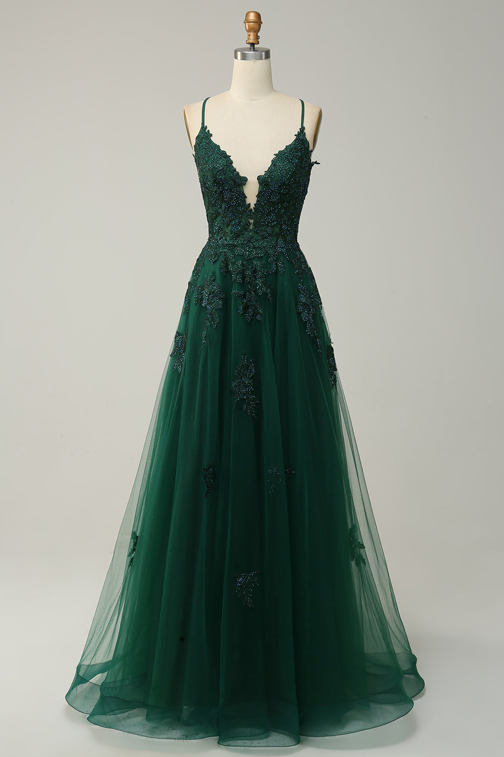 Stylish A-line Evening Dress with Spaghetti Straps and Lace-up Closure - Julia-Dark Green-AU 4-State of Style
