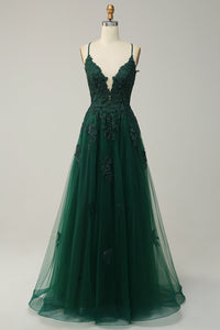 Stylish A-line Evening Dress with Spaghetti Straps and Lace-up Closure - Julia-Dark Green-AU 4-State of Style
