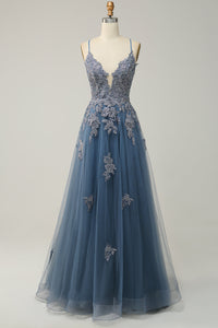 Stylish A-line Evening Dress with Spaghetti Straps and Lace-up Closure - Julia-Grey Blue-AU 4-State of Style