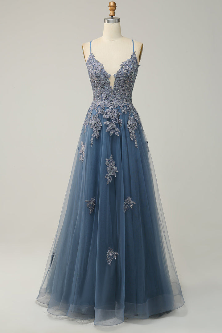 Stylish A-line Evening Dress with Spaghetti Straps and Lace-up Closure - Julia-Grey Blue-AU 4-State of Style