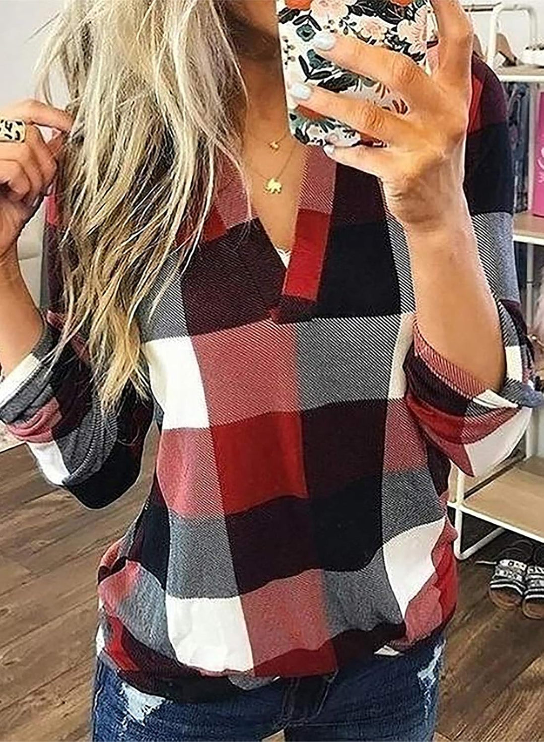 Stylish Casual Checked Ladies' Blouse - Lara-Black-S-State of Style