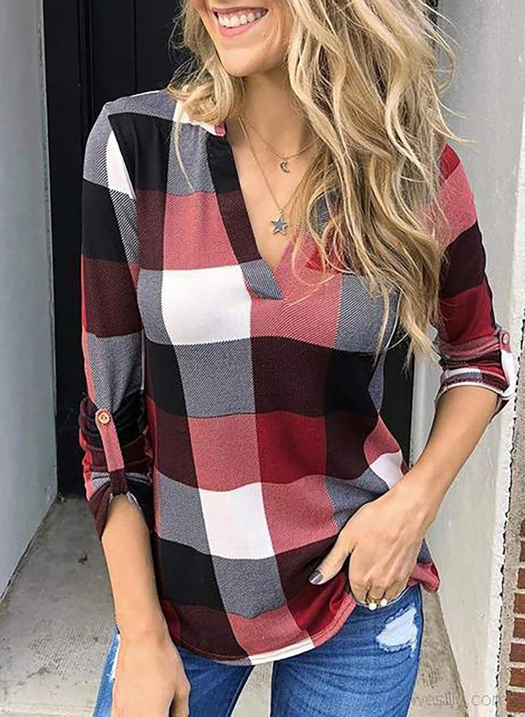Stylish Casual Checked Ladies' Blouse - Lara-Black-S-State of Style
