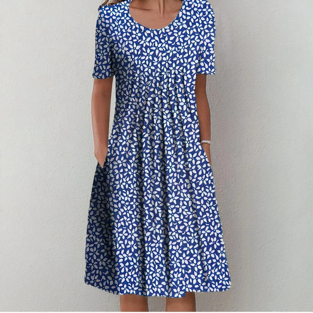 Stylish Cotton Dress for Women - Lena-Blue with Flowers-S-State of Style