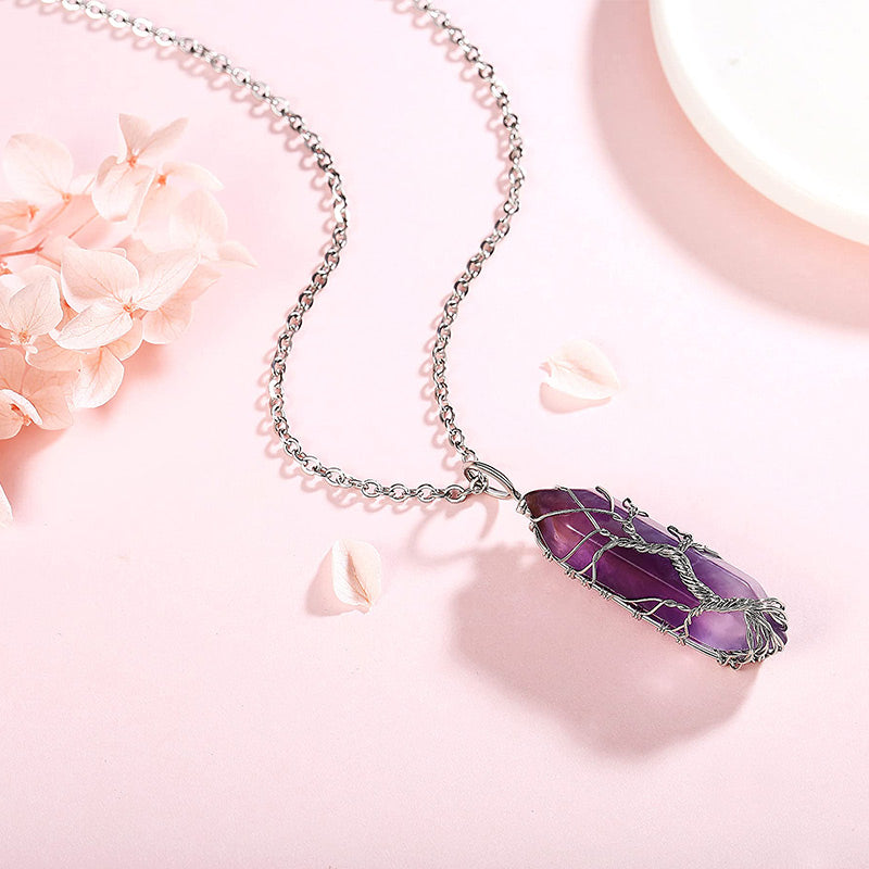 Stylish Crystal with Tree of Life Gemstone Necklace - Elara-Green Aventurine-State of Style