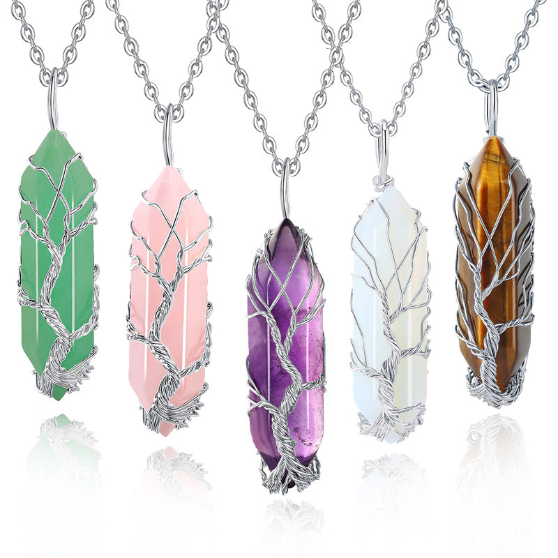Stylish Crystal with Tree of Life Gemstone Necklace - Elara-Green Aventurine-State of Style