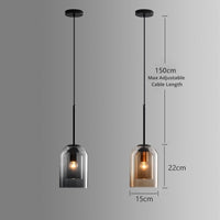 Both pendant colours shown with dimension markings for height, width and maximum adjustable cable length 12