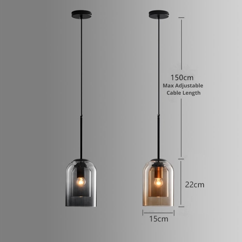 Both colours with dimension lines showing adjustable cable length, shade height and shade width 12