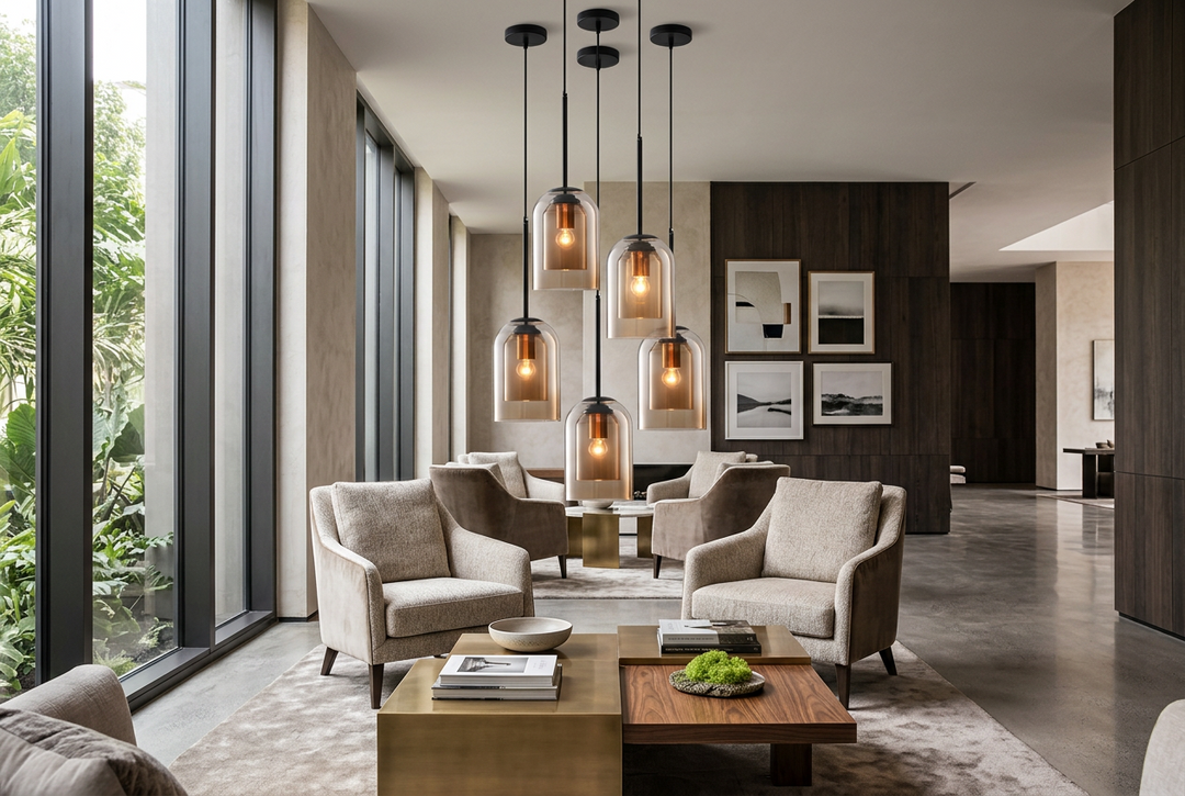 Cluster of amber glass pendants at varying heights above coffee tables in a spacious lounge with armchairs 1