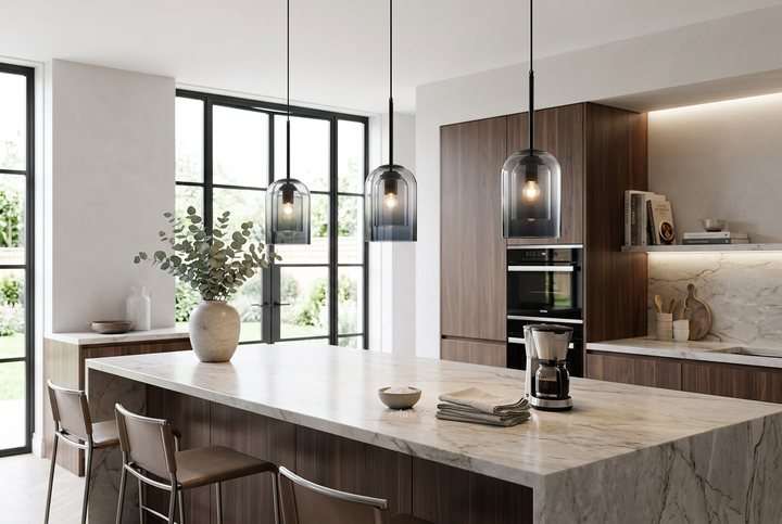Three smoked glass pendants hang above a marble kitchen island with dark wood cabinetry and bar stools 1