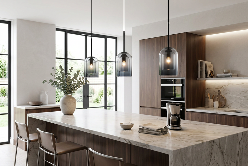Three smoked glass pendants hang above a marble kitchen island with dark wood cabinetry and bar stools 1