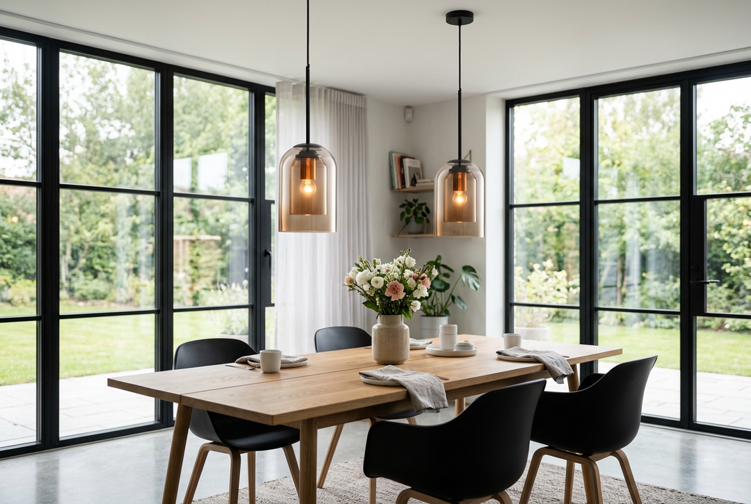Two amber glass pendants hang above a wooden dining table with black chairs by large glazed doors 1