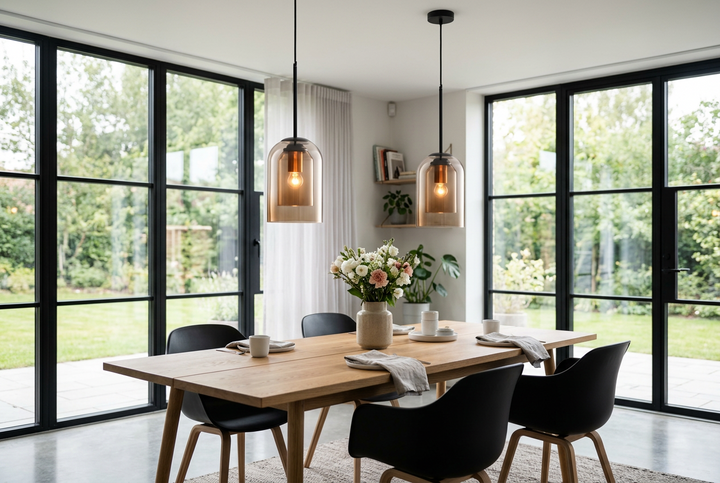 Two amber glass pendants hang above a wooden dining table with black chairs by large glazed doors 1
