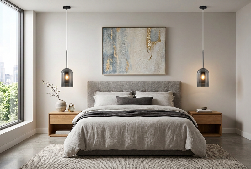 Two smoked glass pendant lights hang either side of a bed in a calm bedroom 1
