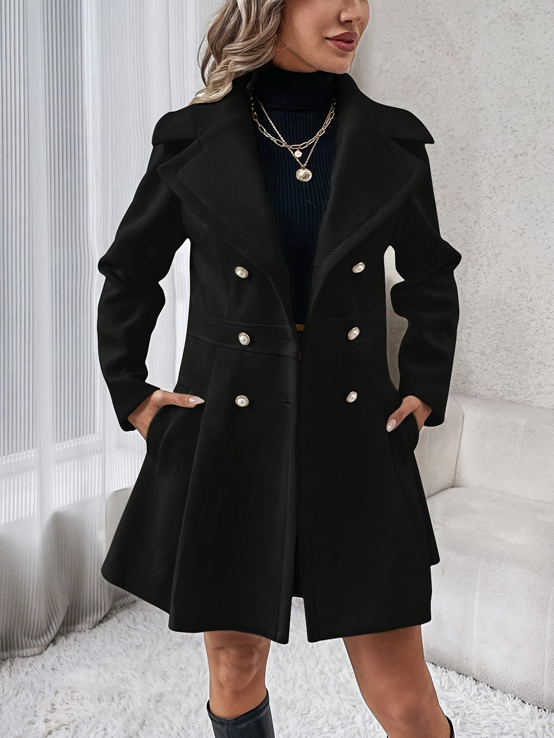 Stylish Flare Coat with Double-Breasted Buttons - Isadora-Black-S-State of Style