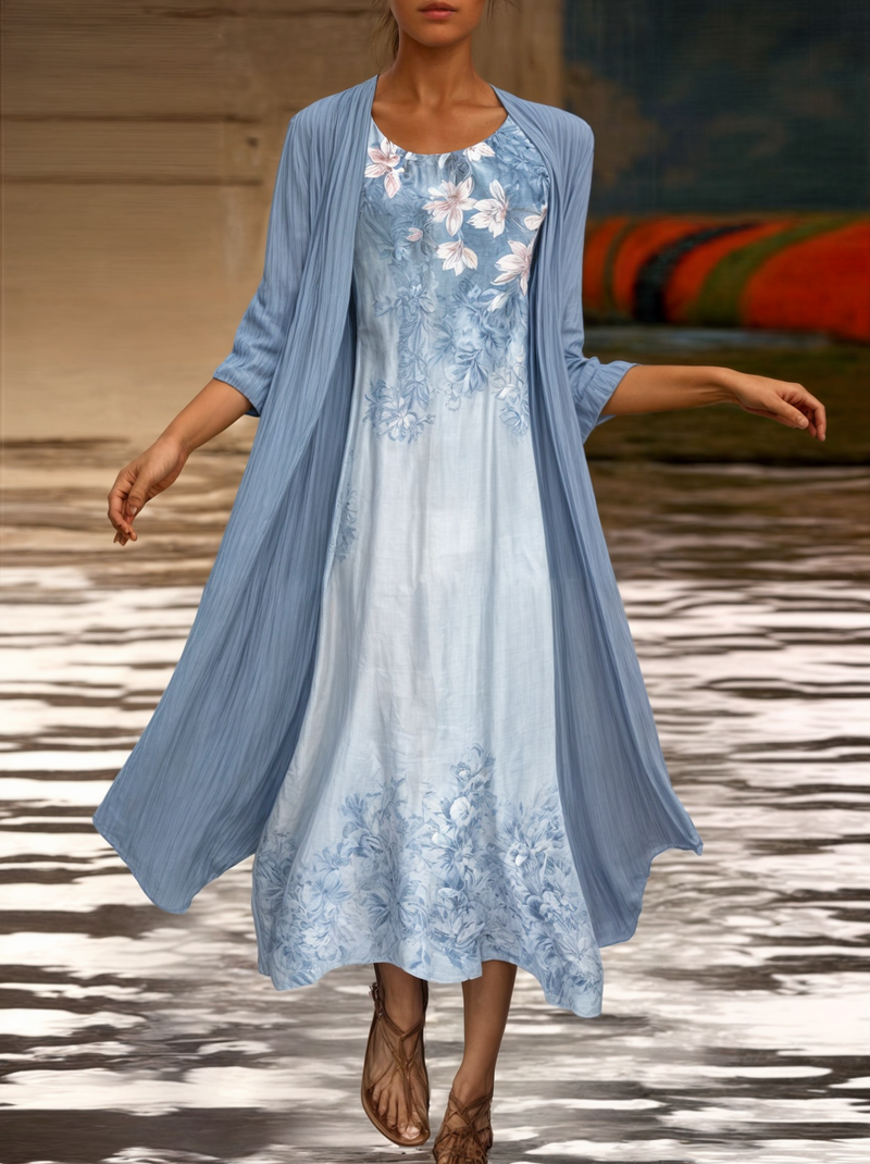 Stylish Floral A-Line Dress with Waistcoat for Women – Miray-Blue Star-M-State of Style