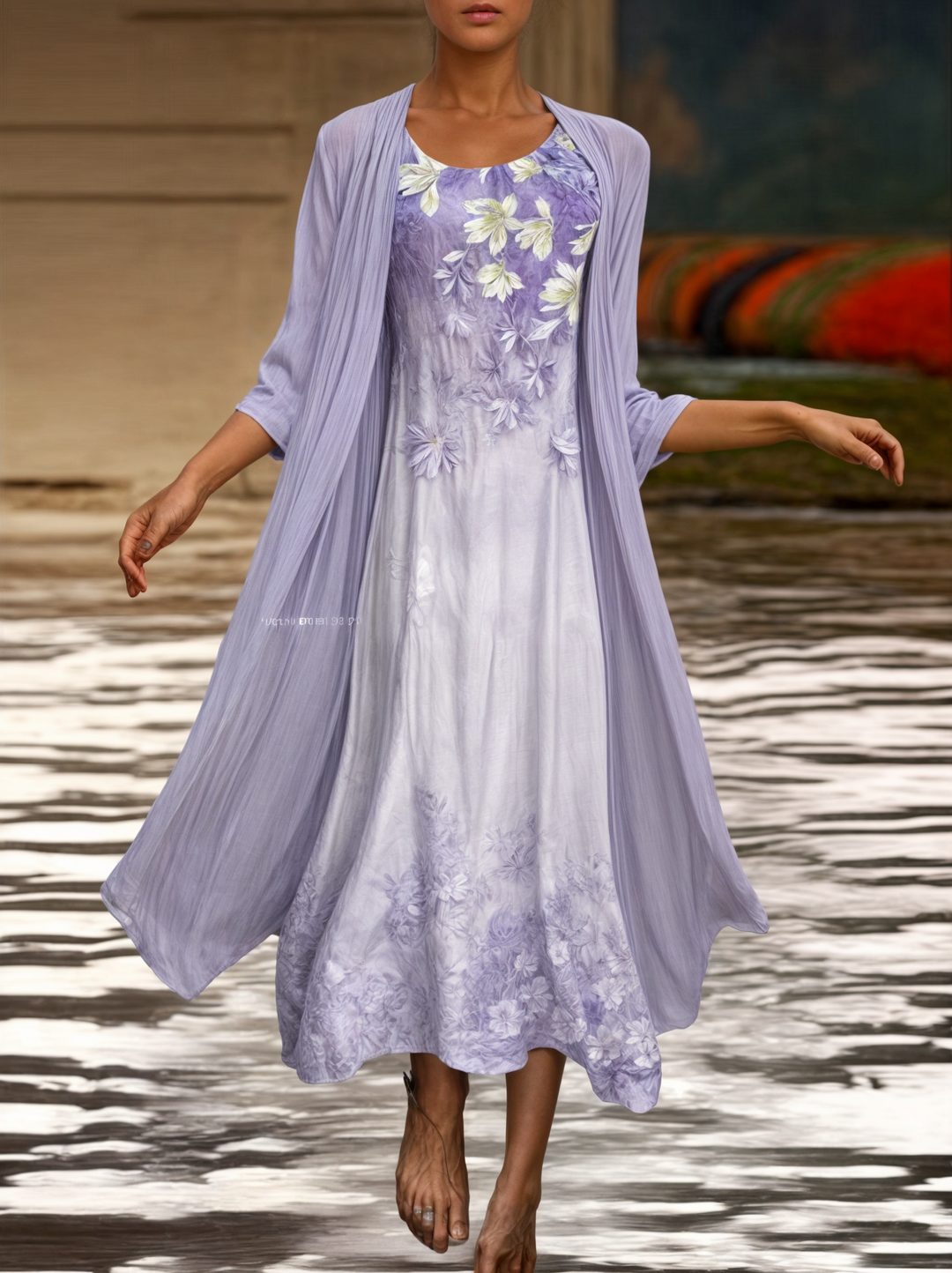 Stylish Floral A-Line Dress with Waistcoat for Women – Miray-Lilac-M-State of Style