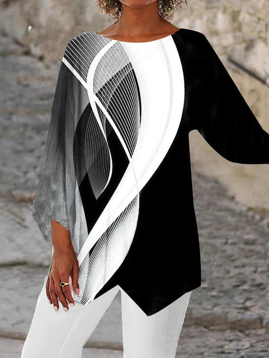 Stylish Geometric Long Sleeve Tunic - Aurora-Black and White-S-State of Style