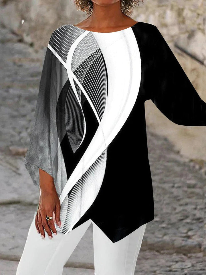 Stylish Geometric Long Sleeve Tunic - Aurora-Black and White-S-State of Style