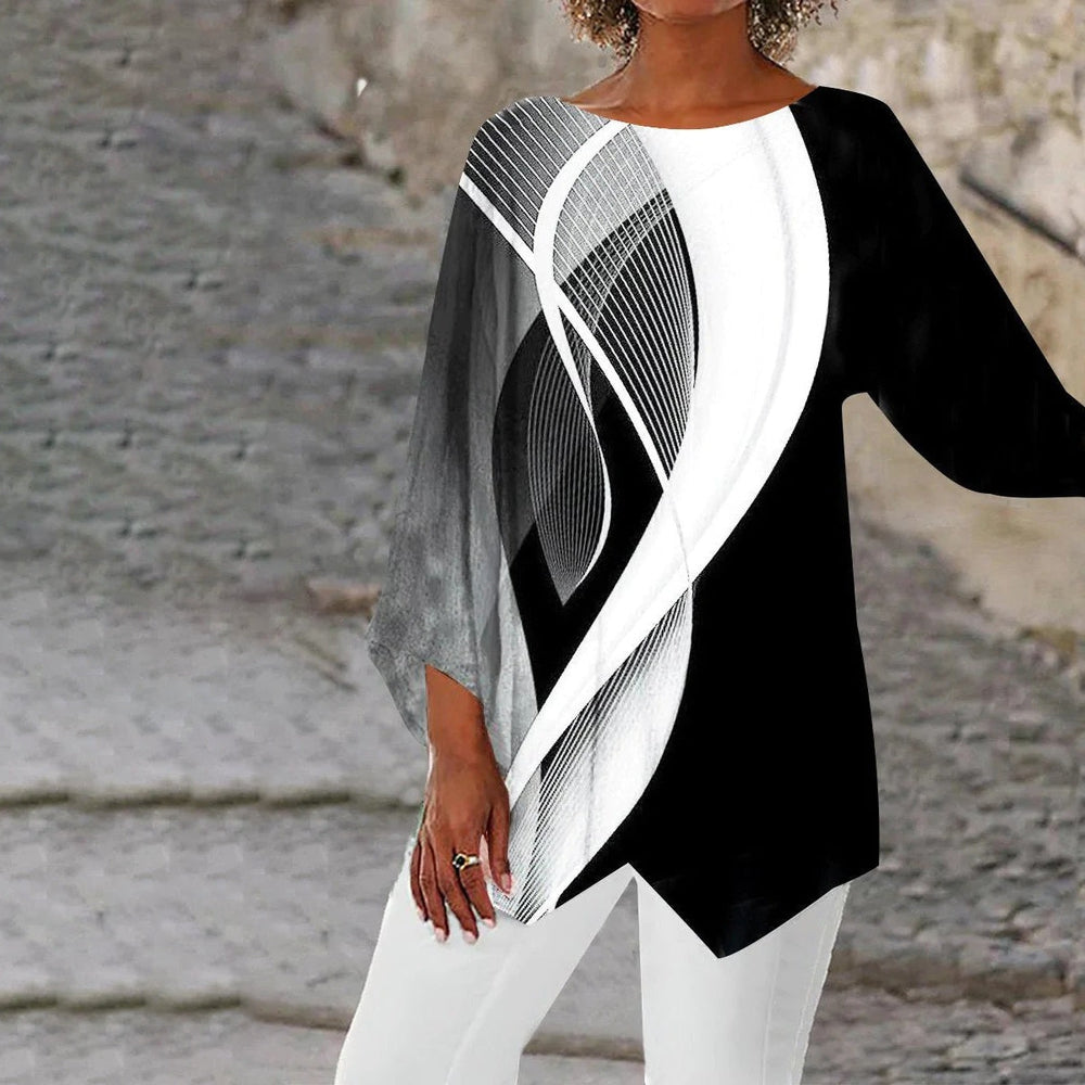 Stylish Geometric Tunic with Long Sleeves - Aurora-Black and White-S-State of Style