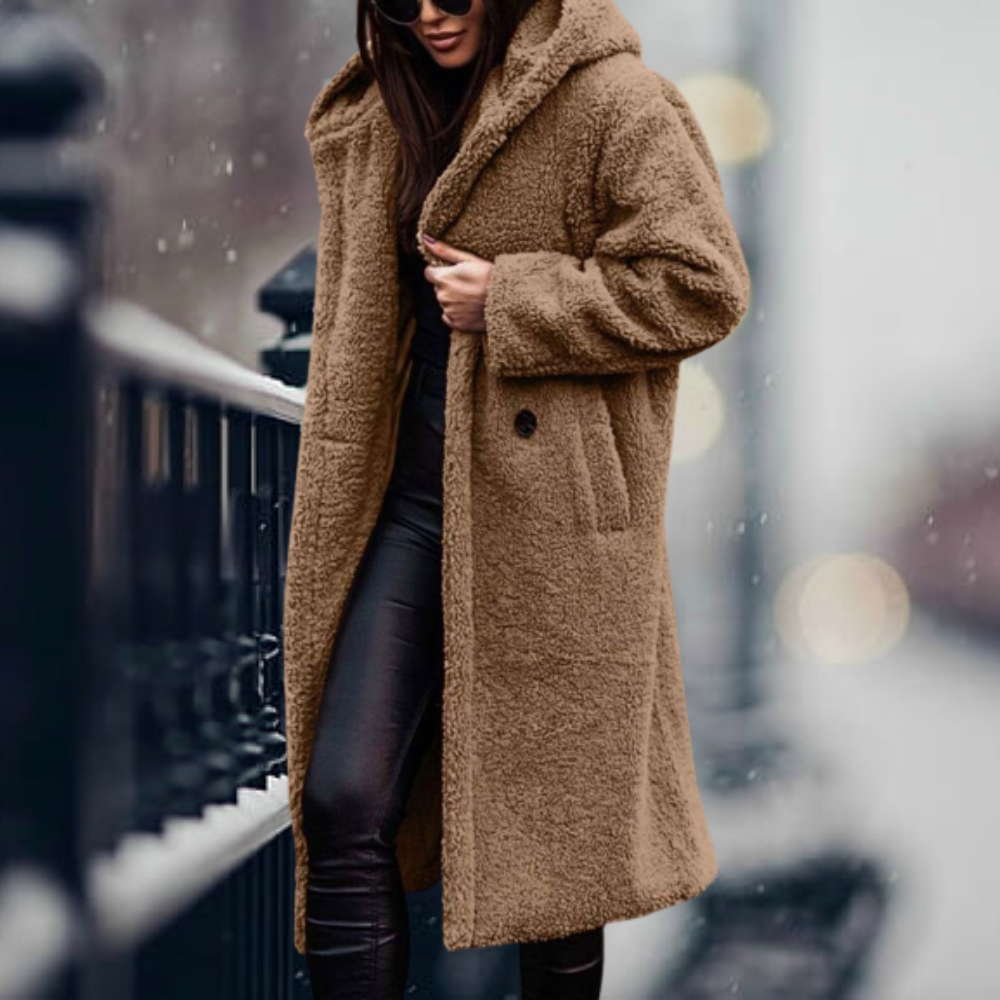 Stylish Ladies Faux Fur Coat with Hood - Vivienne-Camel-S-State of Style