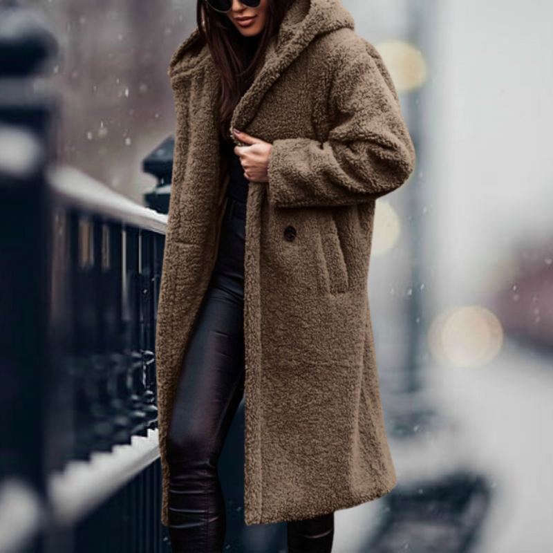 Stylish Ladies Faux Fur Coat with Hood - Vivienne-Khaki-S-State of Style