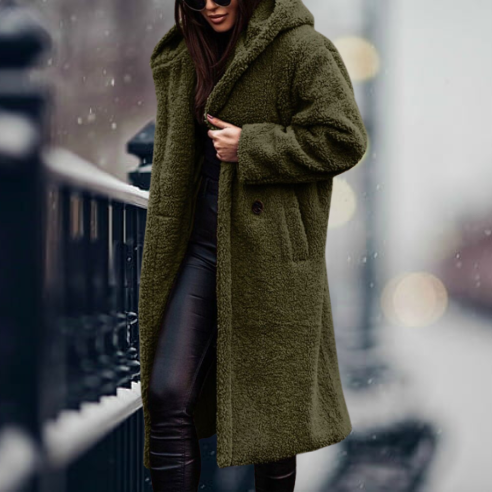 Stylish Ladies Faux Fur Coat with Hood - Vivienne-Olive Green-S-State of Style