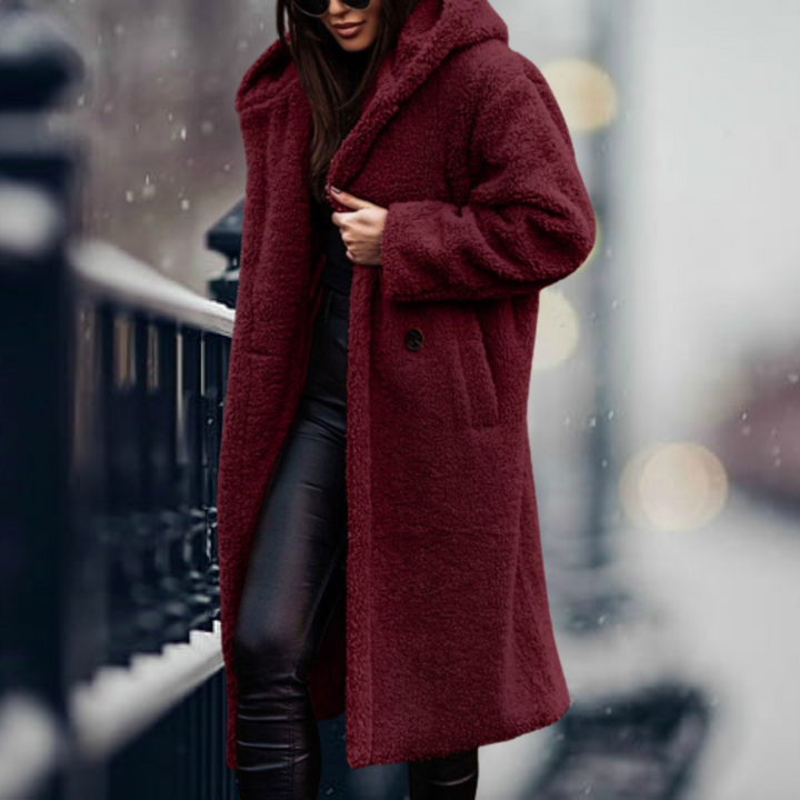 Stylish Ladies Faux Fur Coat with Hood - Vivienne-Red Wine-S-State of Style
