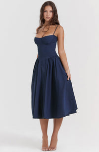 Stylish ladies' summer dress with spaghetti straps & waist corset – Mira-Blue-S-State of Style