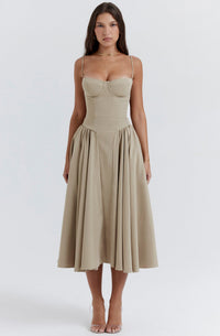 Stylish ladies' summer dress with spaghetti straps & waist corset – Mira-Taupe-S-State of Style
