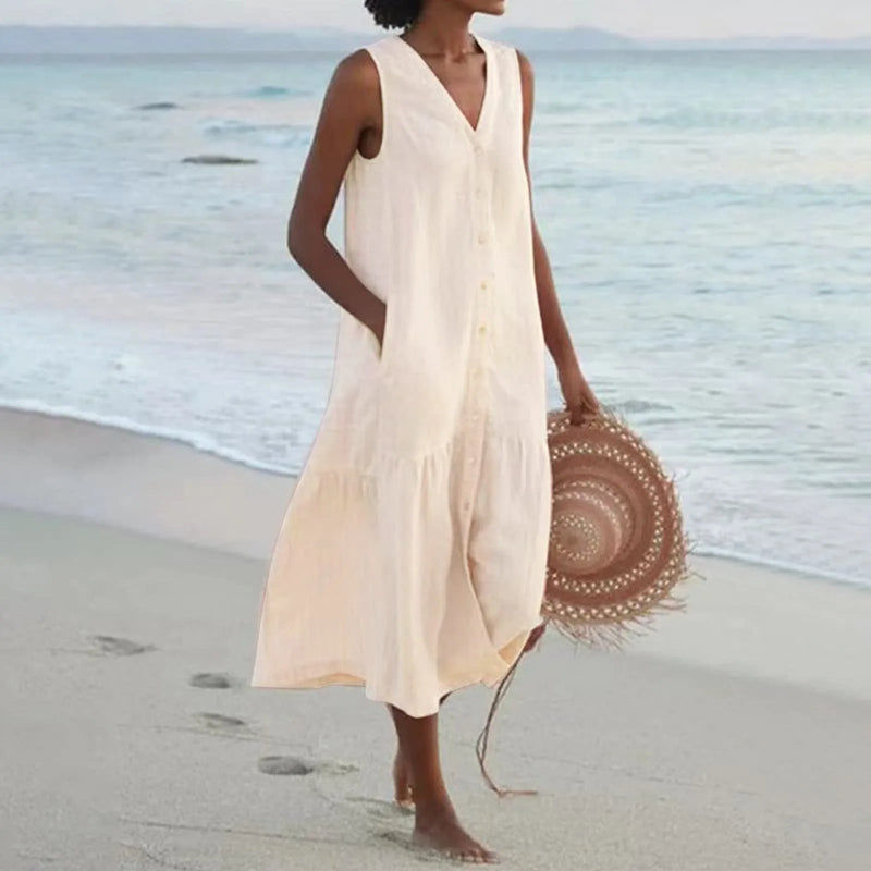 Stylish Linen Dress with V-Neck - Elara-Brown-S-State of Style