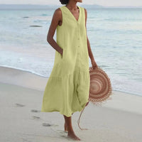 Stylish Linen Dress with V-Neck - Elara-Green-S-State of Style