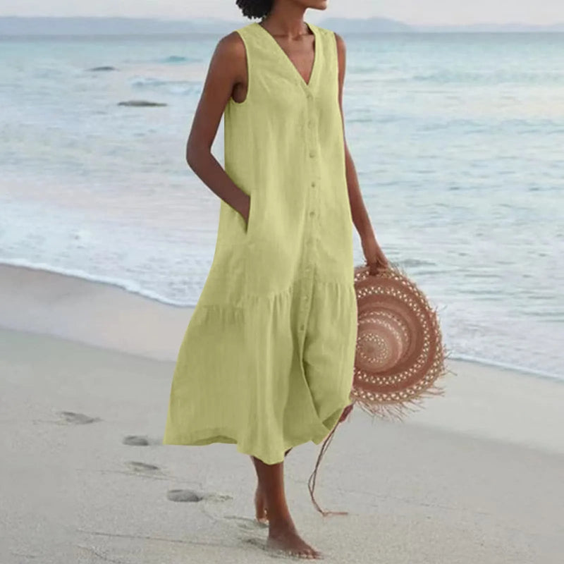 Stylish Linen Dress with V-Neck - Elara-Green-S-State of Style