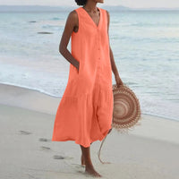 Stylish Linen Dress with V-Neck - Elara-Orange-S-State of Style