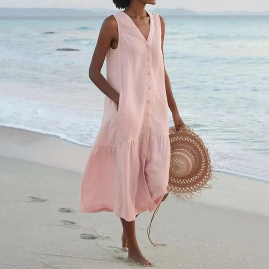 Stylish Linen Dress with V-Neck - Elara-Pink-S-State of Style