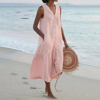 Stylish Linen Dress with V-Neck - Elara-Pink-S-State of Style