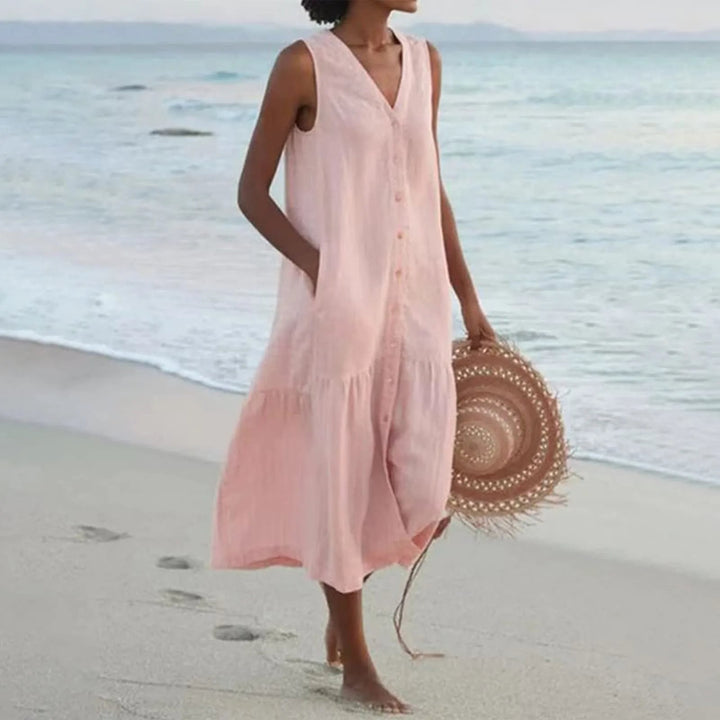 Stylish Linen Dress with V-Neck - Elara-Pink-S-State of Style