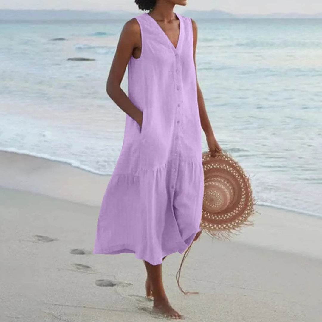 Stylish Linen Dress with V-Neck - Elara-Purple-S-State of Style