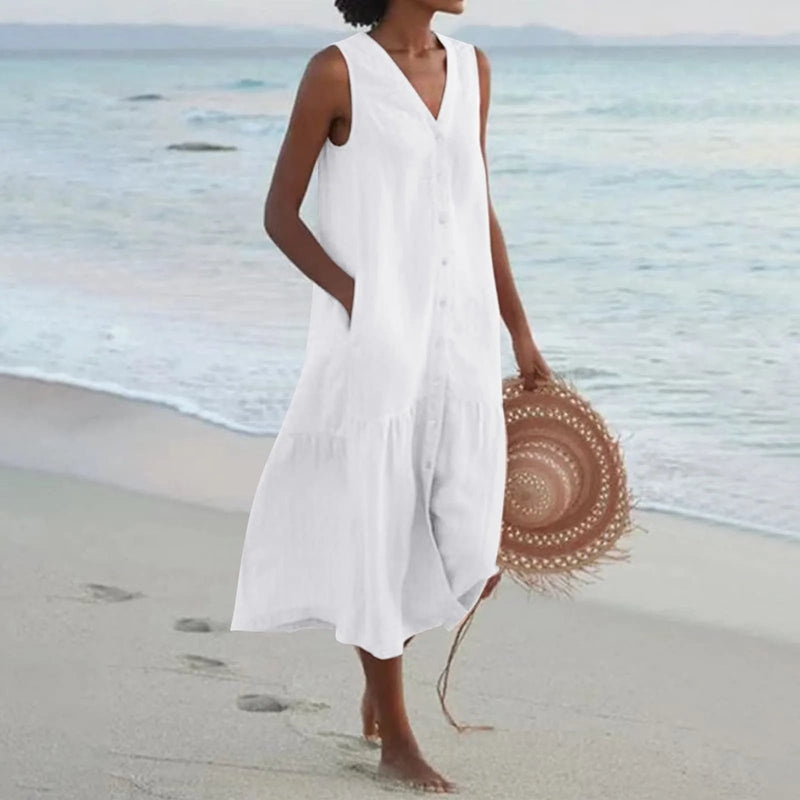 Stylish Linen Dress with V-Neck - Elara-White-S-State of Style