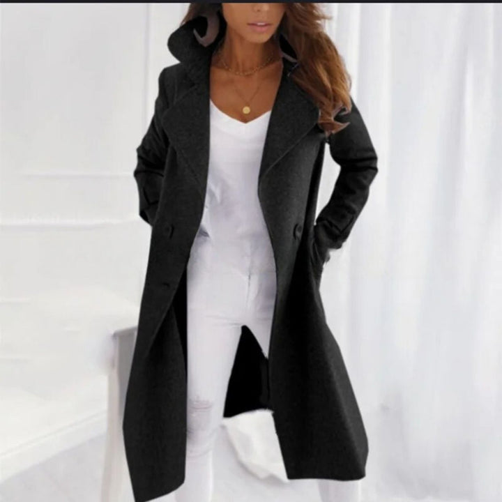Stylish Long Women's Coat with Turned-Down Collar - Valentina-Black-S-State of Style