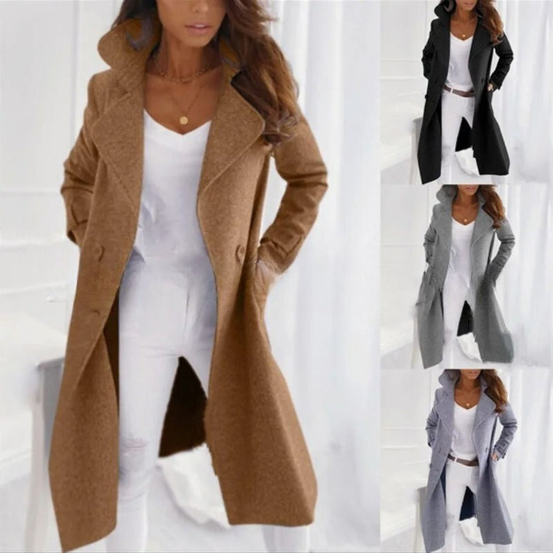 Stylish Long Women's Coat with Turned-Down Collar - Valentina-Khaki-S-State of Style