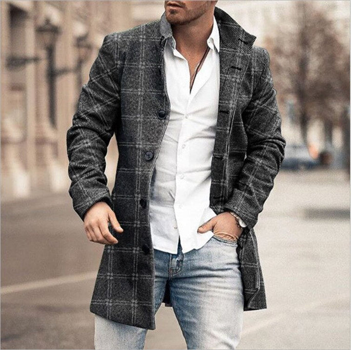 Stylish Medium-Length Checked Men's Coat - Stephen-Light Black-M-State of Style