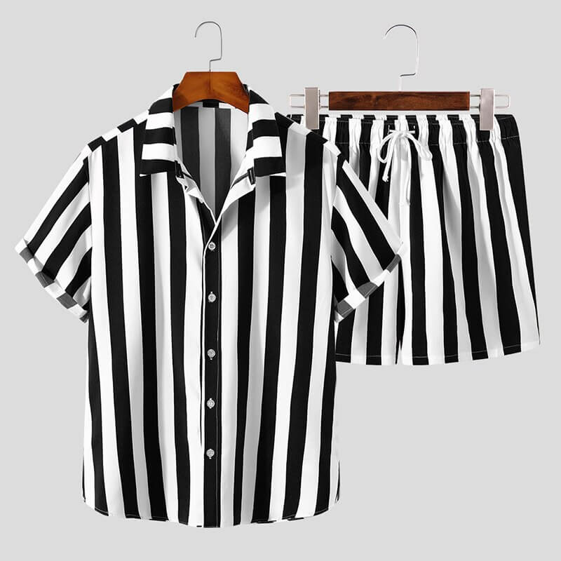 Stylish men's summer set with striped pattern - StripesFresh-Black-S-State of Style