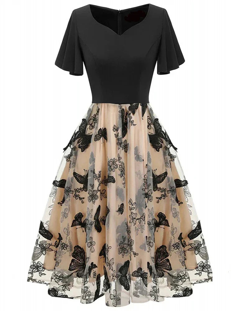 Stylish midi dress made of mesh with embroidery & flounce sleeves – Maila-S-State of Style