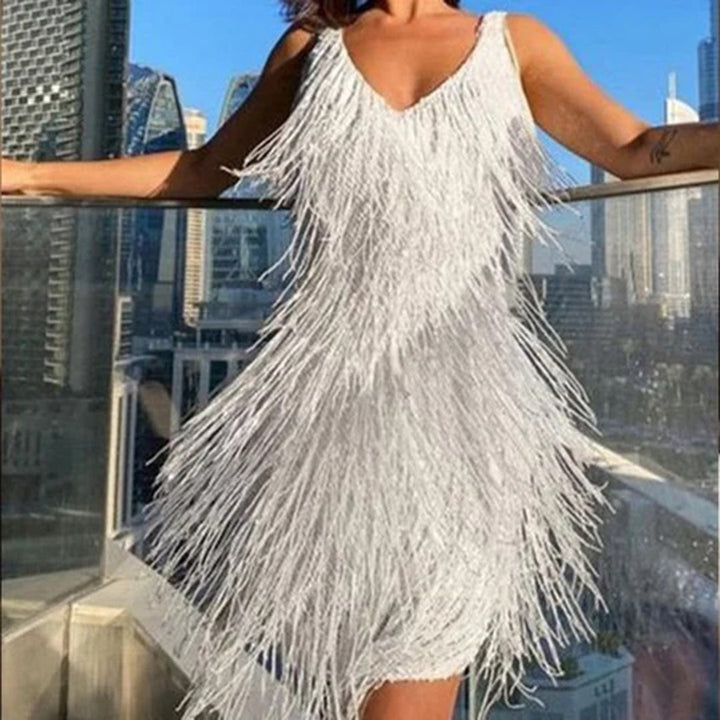 Stylish Mini Dress with Tassels - Celeste-White-S-State of Style