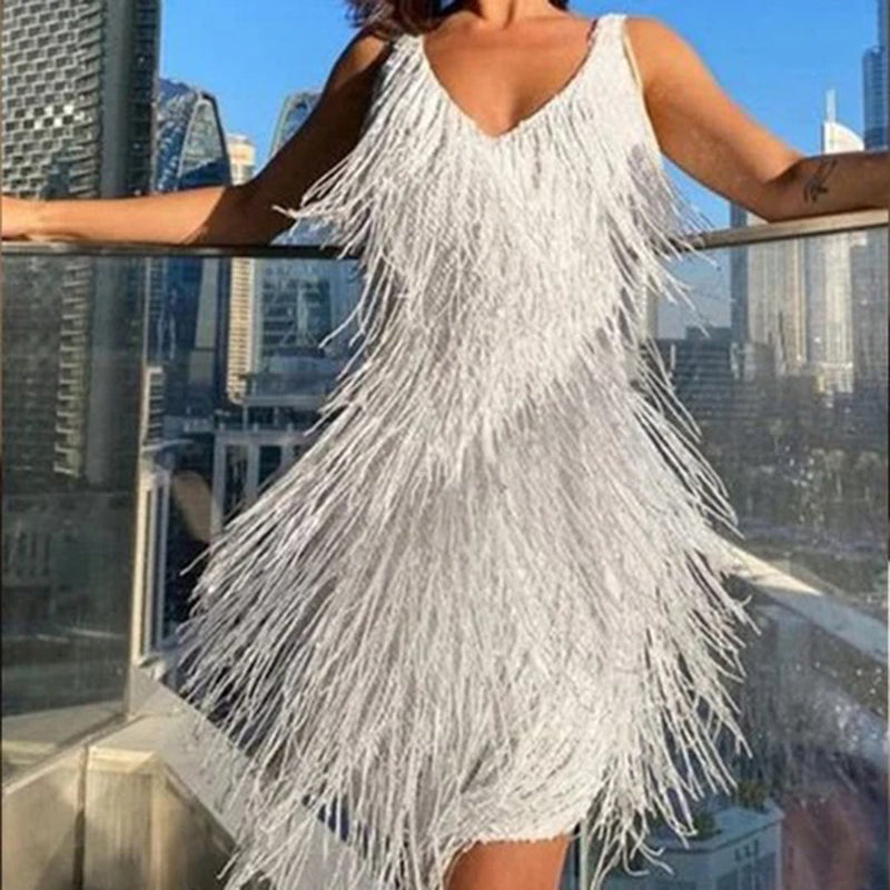 Stylish Mini Dress with Tassels - Celeste-White-S-State of Style